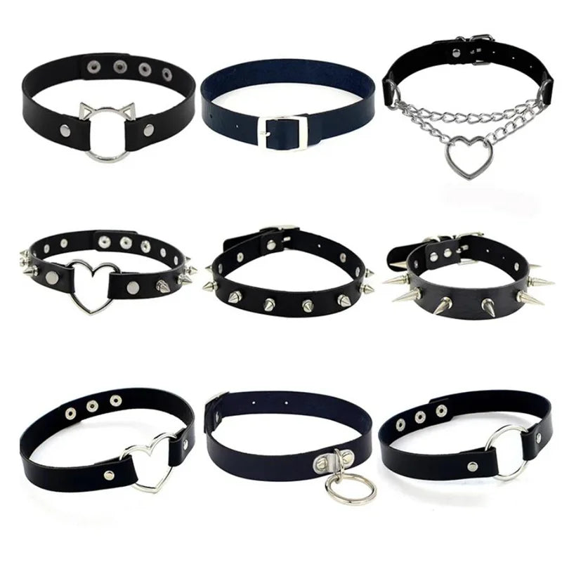 Harajuku Punk Rock Gothic Choker Necklace Women Sexy PU Leather Heart Lock Key Spike Collar Chocker Gothic Cosplay Accessories