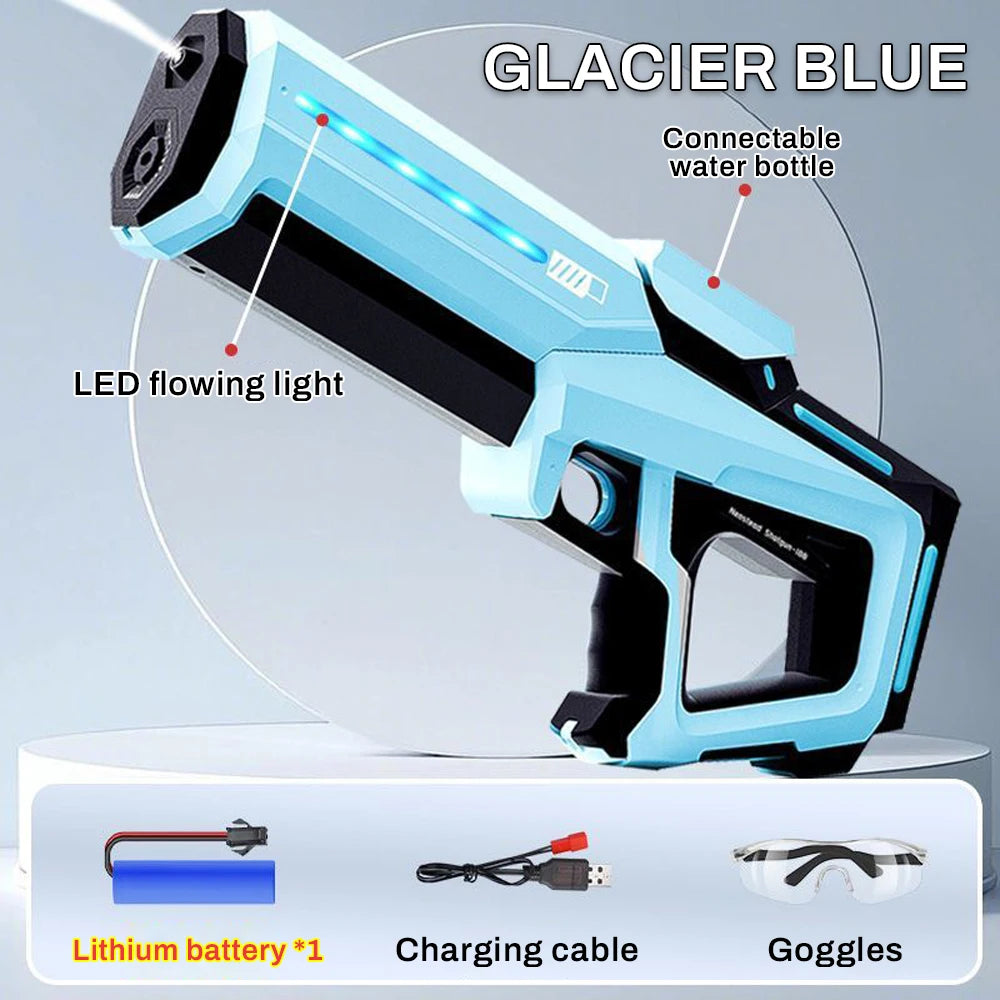 Pulse Electric Water Gun Spray Water Continuously Toy Gun with LED Flow Light&Goggle Children Pool Toy Automatical Suck Up Water