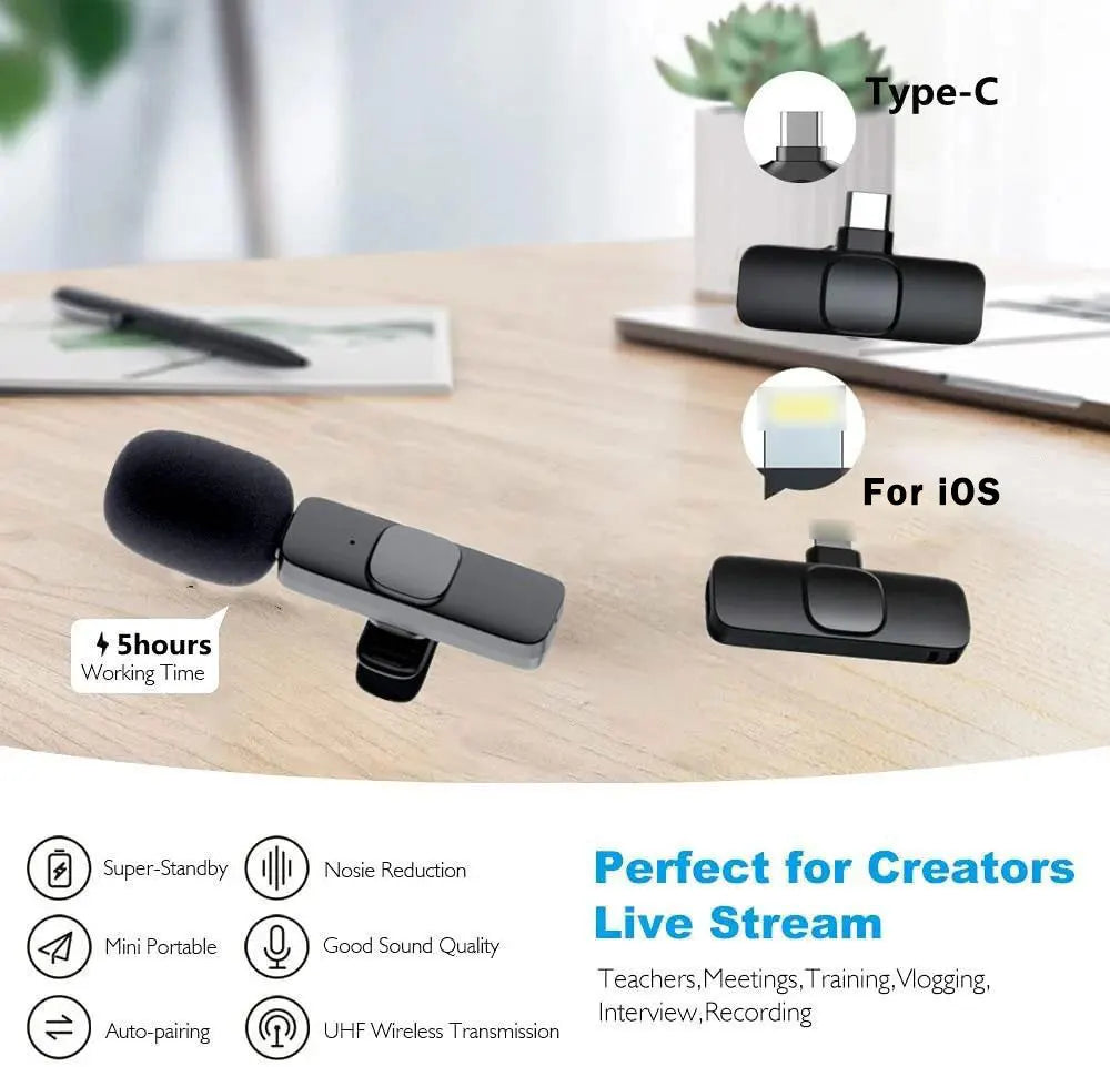 Wireless Lavalier Microphone Mini Portable Audio Video Recording Mic for iPhone Android Live Broadcast Gaming