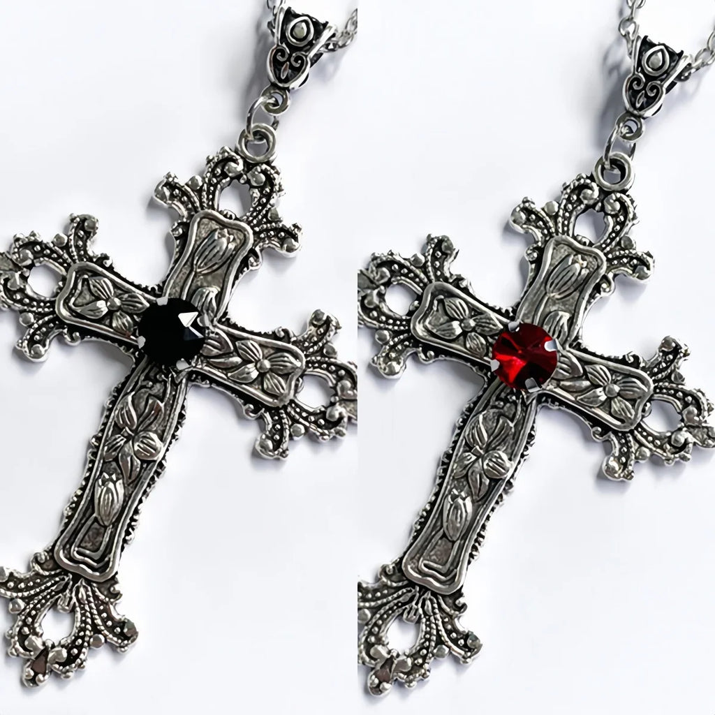 Punk Crystal Big Cross Pendant Necklaces for Women Men Gothic Irregular Cross Clavicle Chain Necklaces Aesthetic Jewelry