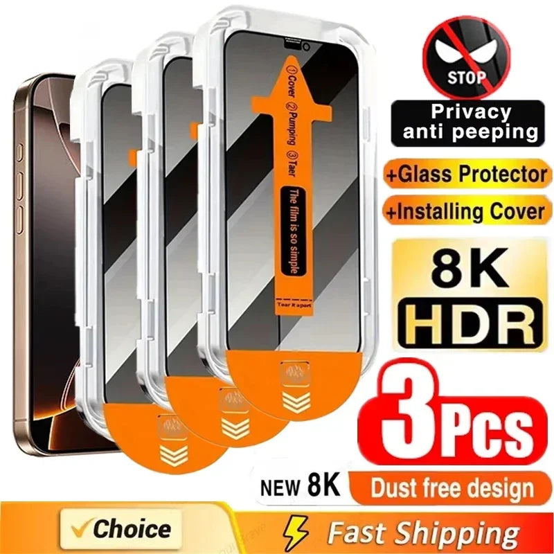 3Pcs Dust Free Installation Privacy Screen Protector For iPhone 16 15 14 13 12 11 Pro Max Mini XS X 17 15 16 Plus Anti-spy Glass