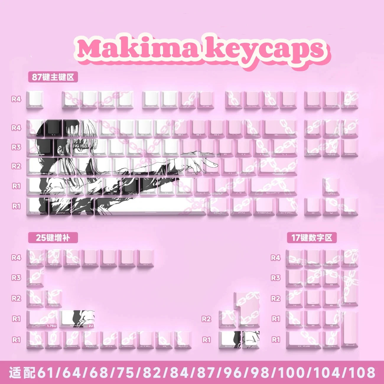Makima Anime Keycaps Cartoon 129 Keys PBT Keycap Chreey Keycaps Japan Key Cap Dye-sub Mechanical Keyboard Caps for 64/68/71/108