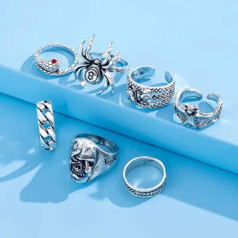 Punk Gothic Skeleton Unisex Ring Set Grunge Butterfly Frog Woman Man Jewelry Hip Hop Party Street Ring 2024 New Jewelry Gift