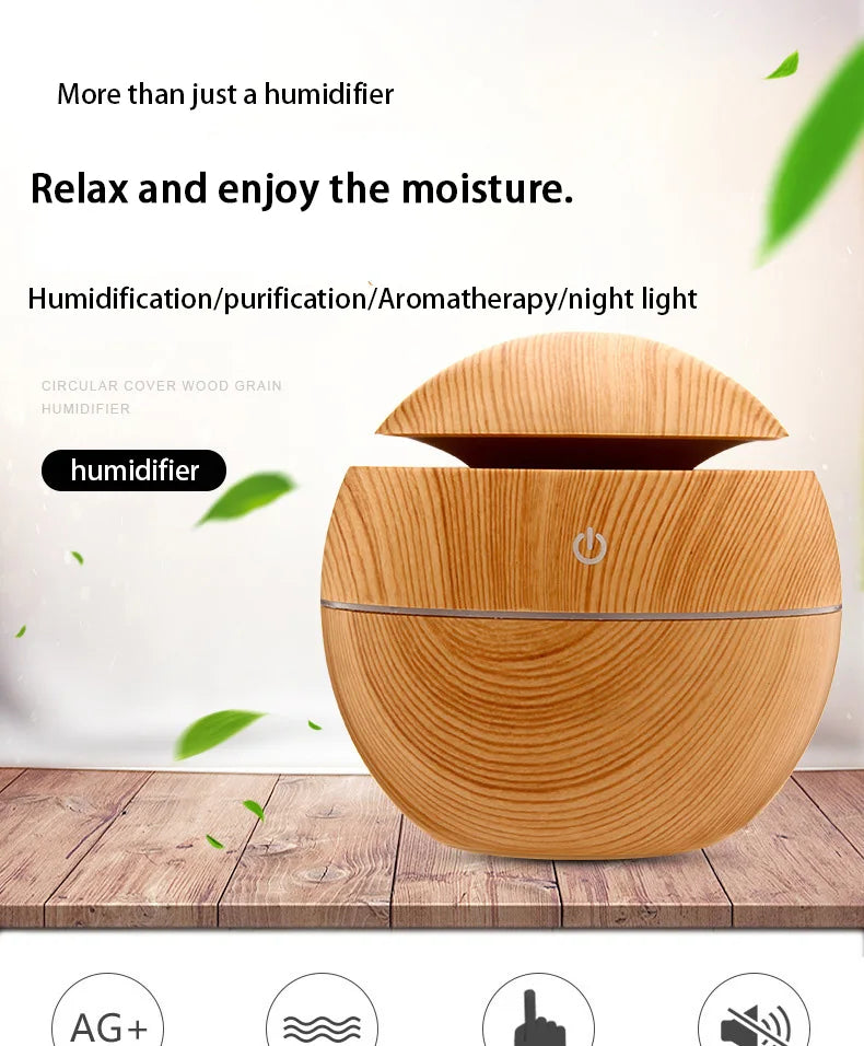 200ml USB Small Ball 7 Colorful Light Bass Noise Reduction Mushroom Humidifier Mini Wood Grain Round Hollow Aroma Diffuser