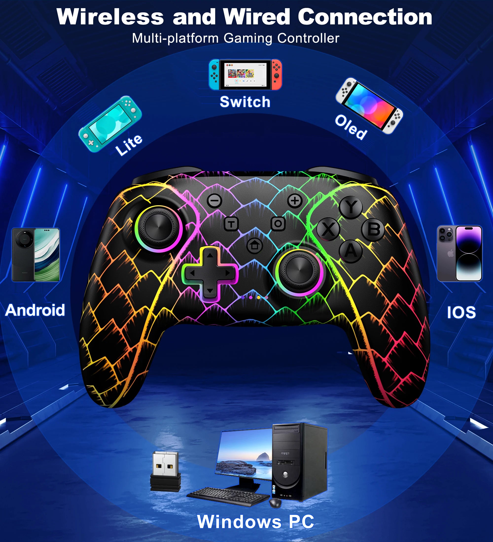 Dinofire Wireless Bluetooth RGB Controller for Nintendo Switch/Switch OLED/Switch Lite/PC/Mobile Gamepad Multi-Function Joystick