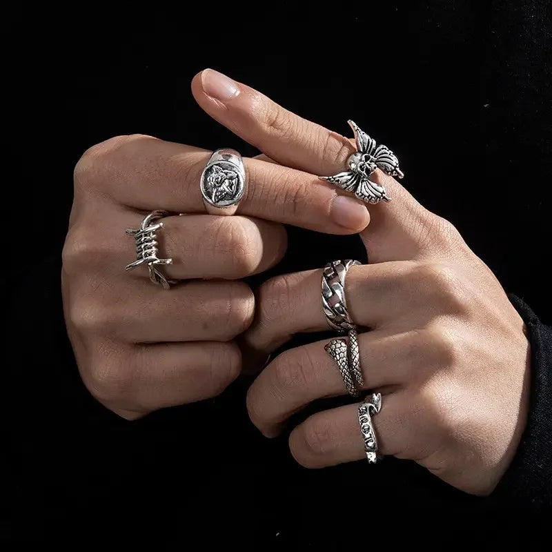 Punk Gothic Skeleton Unisex Ring Set Grunge Butterfly Frog Woman Man Jewelry Hip Hop Party Street Ring 2024 New Jewelry Gift