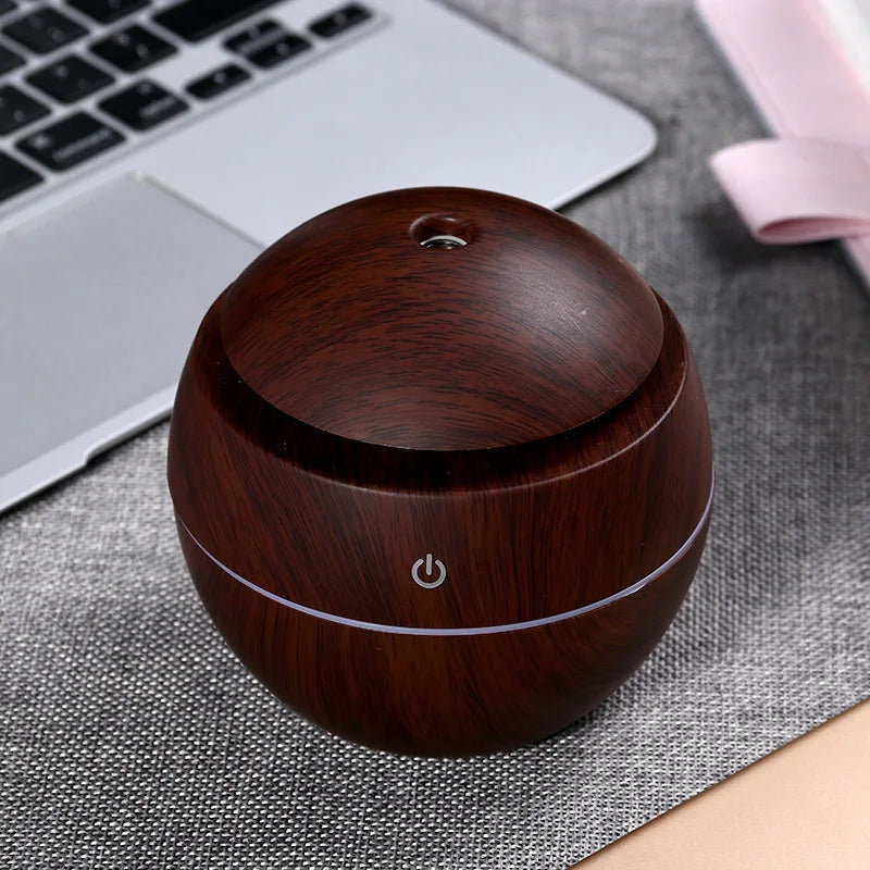200ml USB Small Ball 7 Colorful Light Bass Noise Reduction Mushroom Humidifier Mini Wood Grain Round Hollow Aroma Diffuser