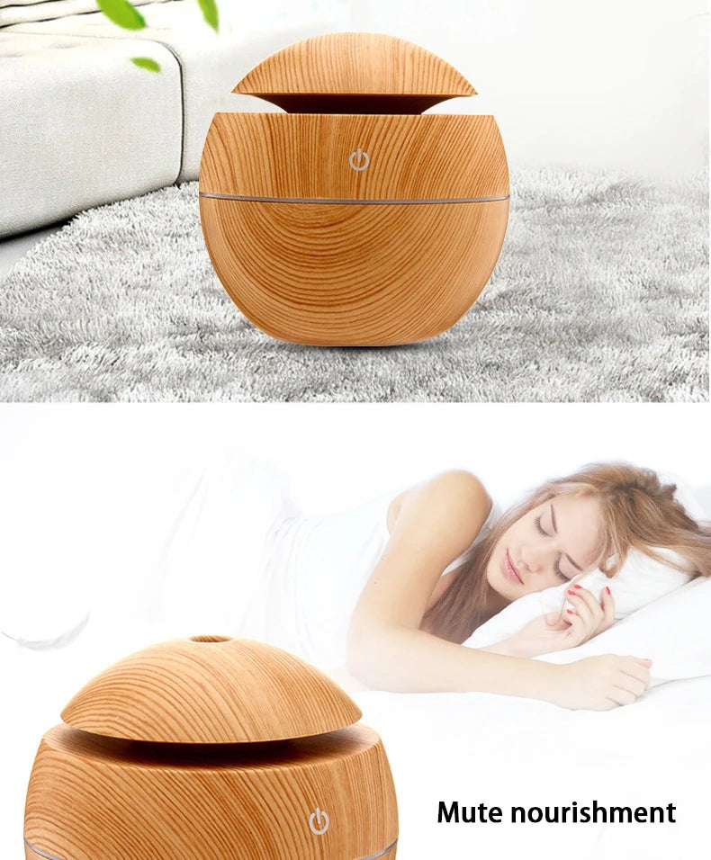 200ml USB Small Ball 7 Colorful Light Bass Noise Reduction Mushroom Humidifier Mini Wood Grain Round Hollow Aroma Diffuser