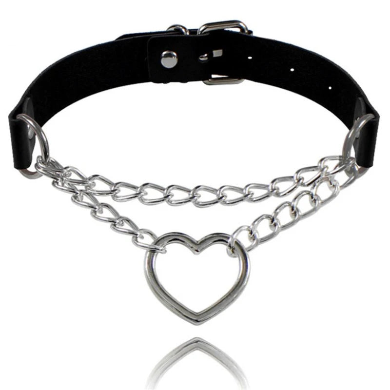 Harajuku Punk Rock Gothic Choker Necklace Women Sexy PU Leather Heart Lock Key Spike Collar Chocker Gothic Cosplay Accessories