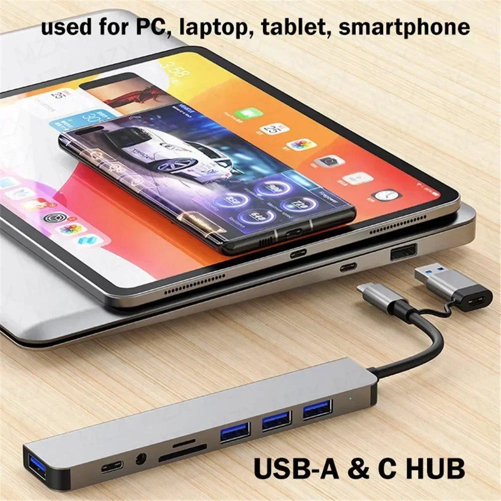 8 In 1 USB C Hub Expander Multiport Adapter Type C Splitter Dock USB 3 Port For Xiaomi Phone Tablet Fast Data Transfer Charging