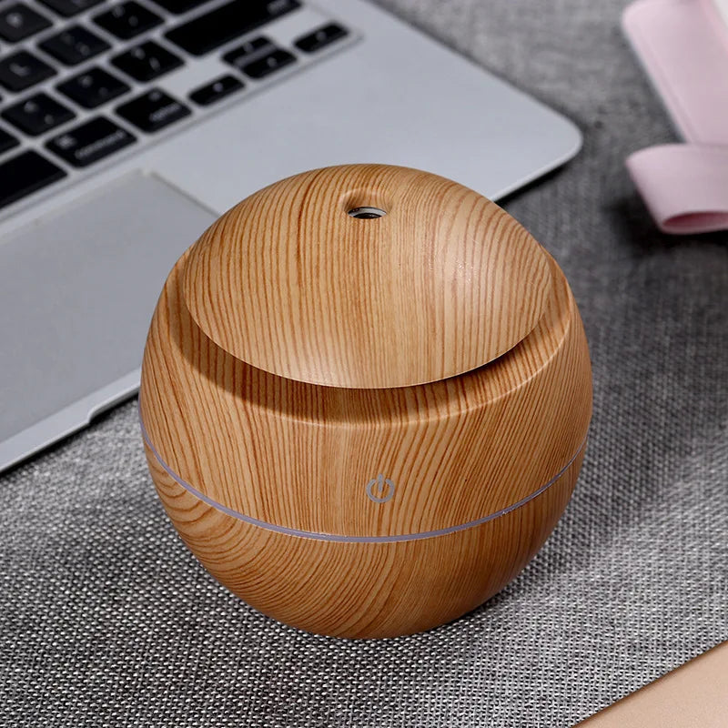 200ml USB Small Ball 7 Colorful Light Bass Noise Reduction Mushroom Humidifier Mini Wood Grain Round Hollow Aroma Diffuser