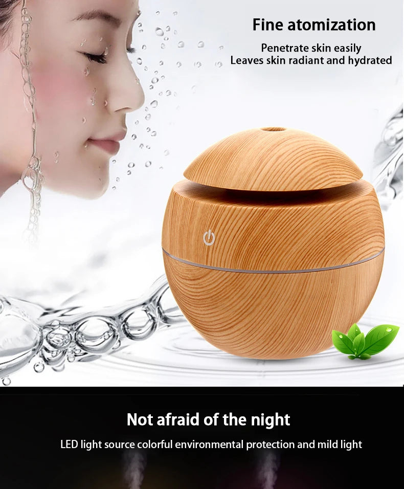 200ml USB Small Ball 7 Colorful Light Bass Noise Reduction Mushroom Humidifier Mini Wood Grain Round Hollow Aroma Diffuser