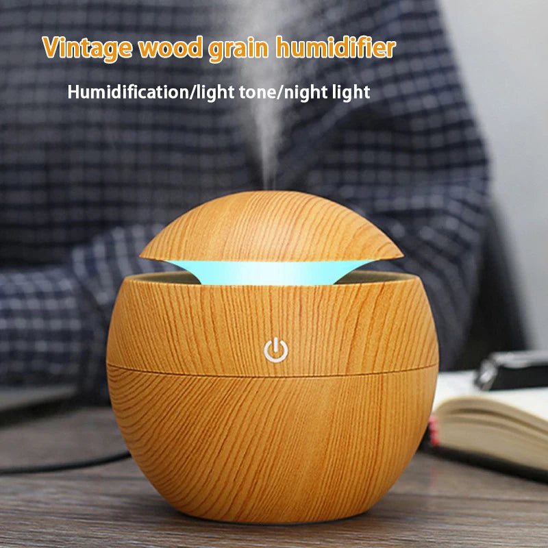200ml USB Small Ball 7 Colorful Light Bass Noise Reduction Mushroom Humidifier Mini Wood Grain Round Hollow Aroma Diffuser