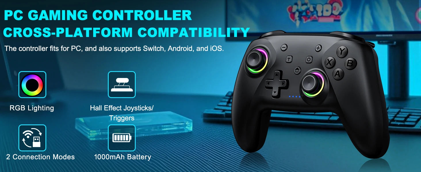 Dinofire Wireless Bluetooth RGB Controller for Nintendo Switch/Switch OLED/Switch Lite/PC/Mobile Gamepad Multi-Function Joystick