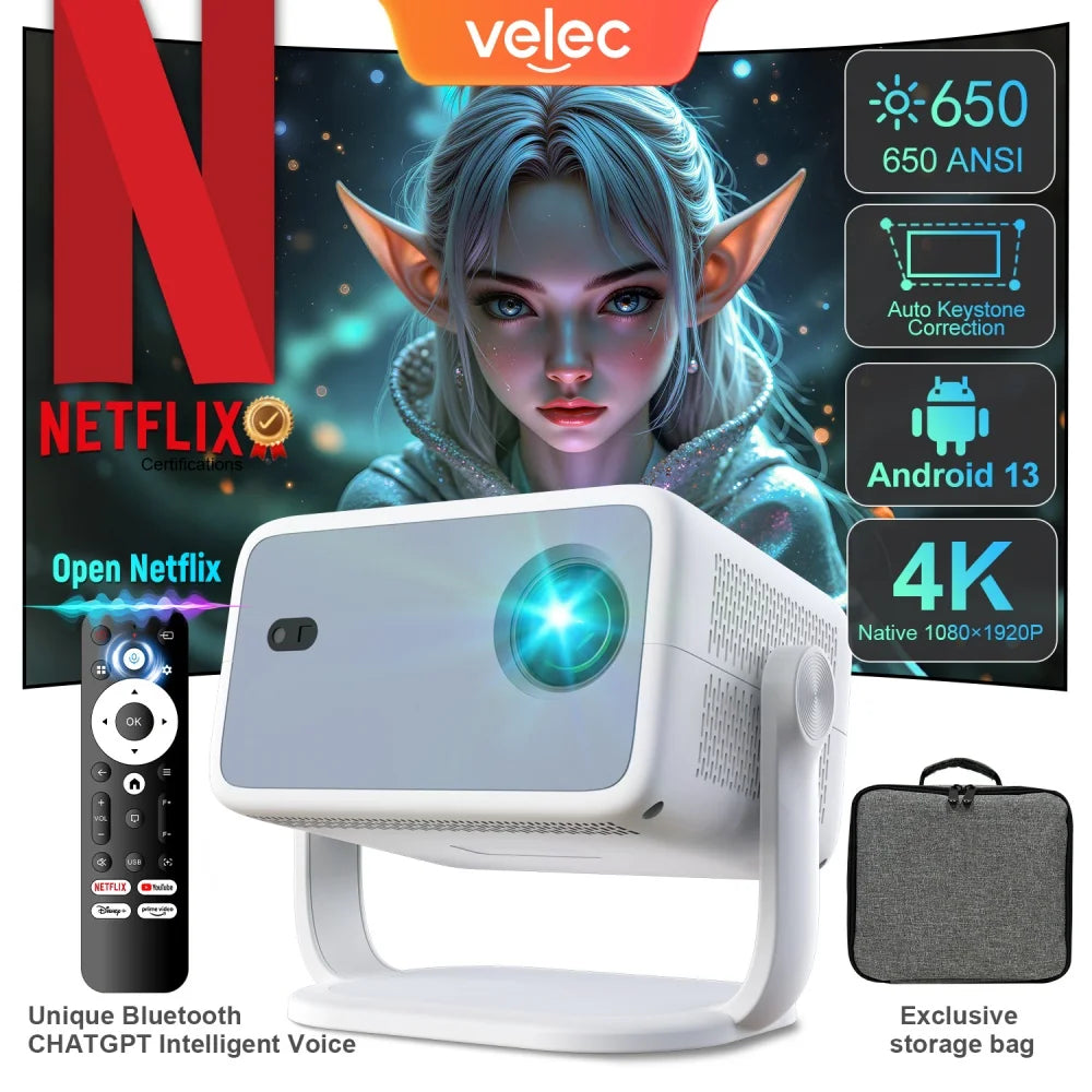 Velec Projector TP350 650 ANSI 4K HD 1080P Auto Focus Android 13 Wifi6 BT5.2 Portable Outdoor Video Smart Home Theater Proyector
