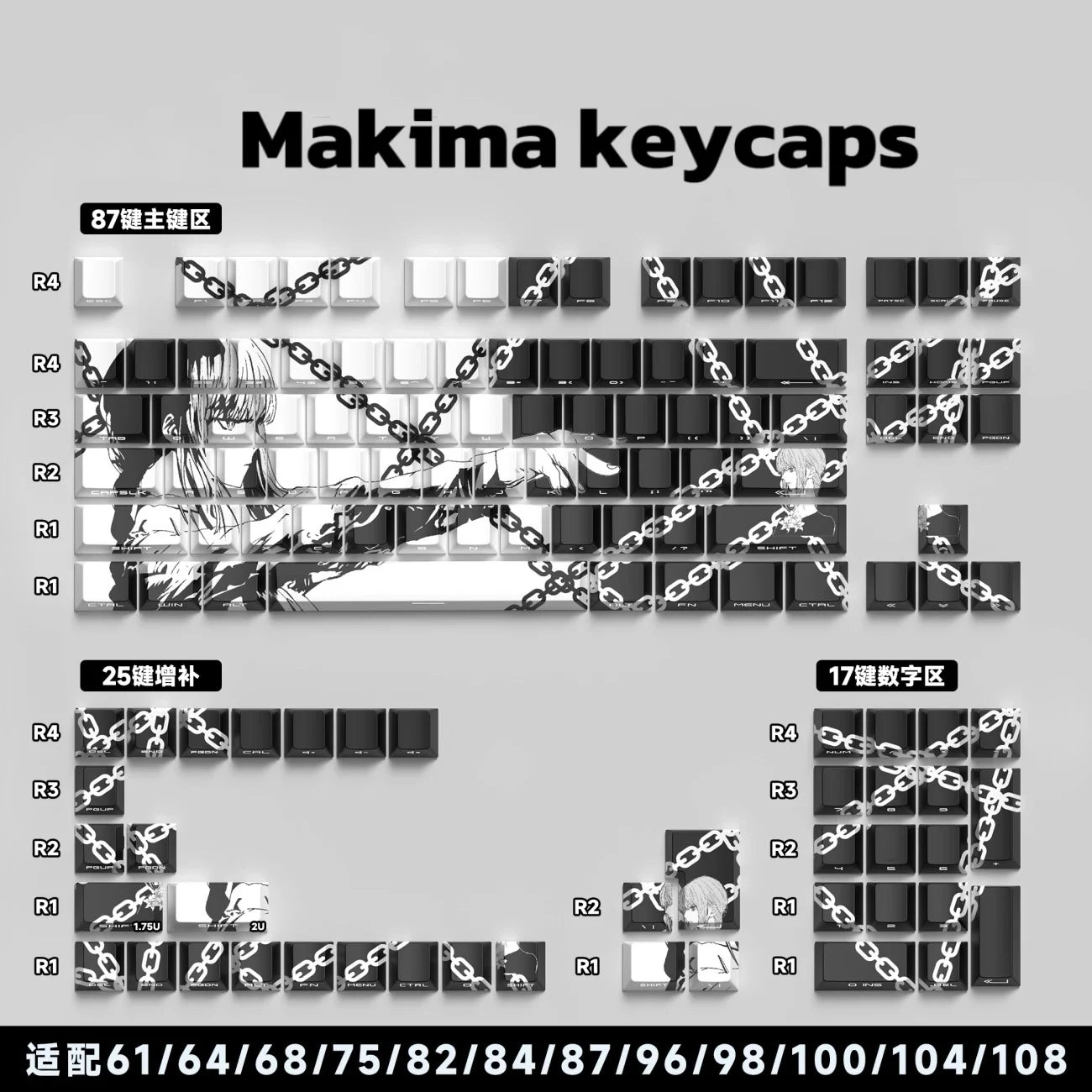 Makima Anime Keycaps Cartoon 129 Keys PBT Keycap Chreey Keycaps Japan Key Cap Dye-sub Mechanical Keyboard Caps for 64/68/71/108
